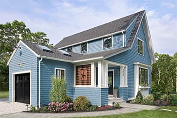 Light blue house with gray GAF shingle roof.
