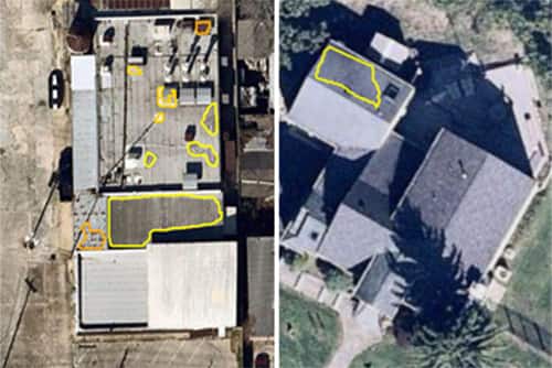 Side by side aerial view of roof condition imagery on a residential and commercial property from GAF QuickSite roof condition assessment software