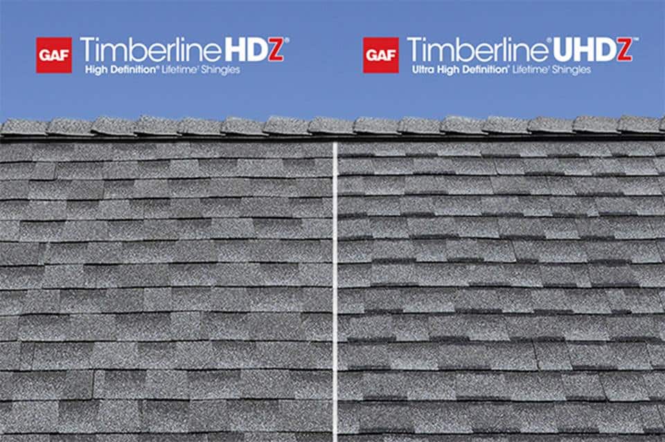 Side-by-side comparison of Timberline HDZ and Timberline UHDZ roof shingles by GAF. 