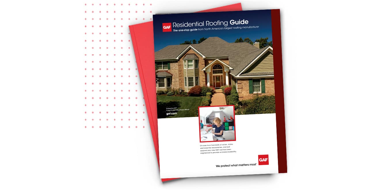 Thumbnail image of GAF’s residential roofing guide PDF over a white background