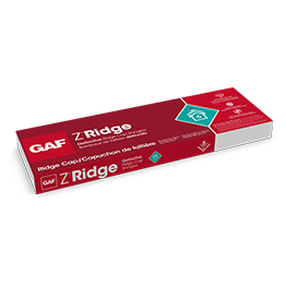Package of GAF Z Ridge distinctive ridge cap shingles with blue-green algae resistance.